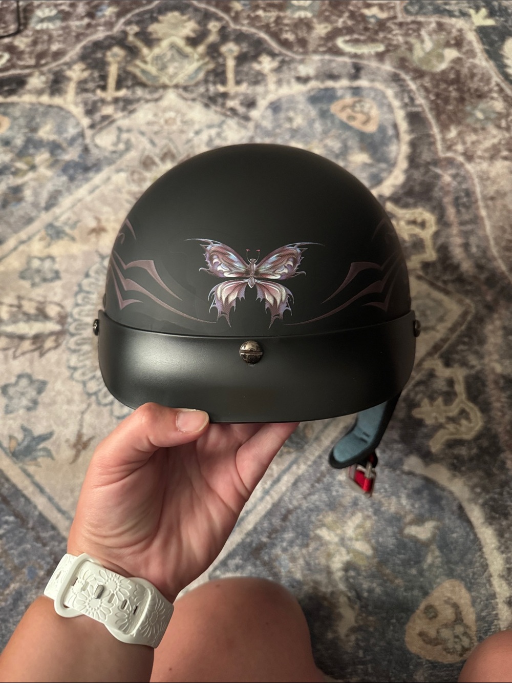 Matte Black Women's Motorcycle Helmet with Purple Butterfly Design - Picture 5 of 5